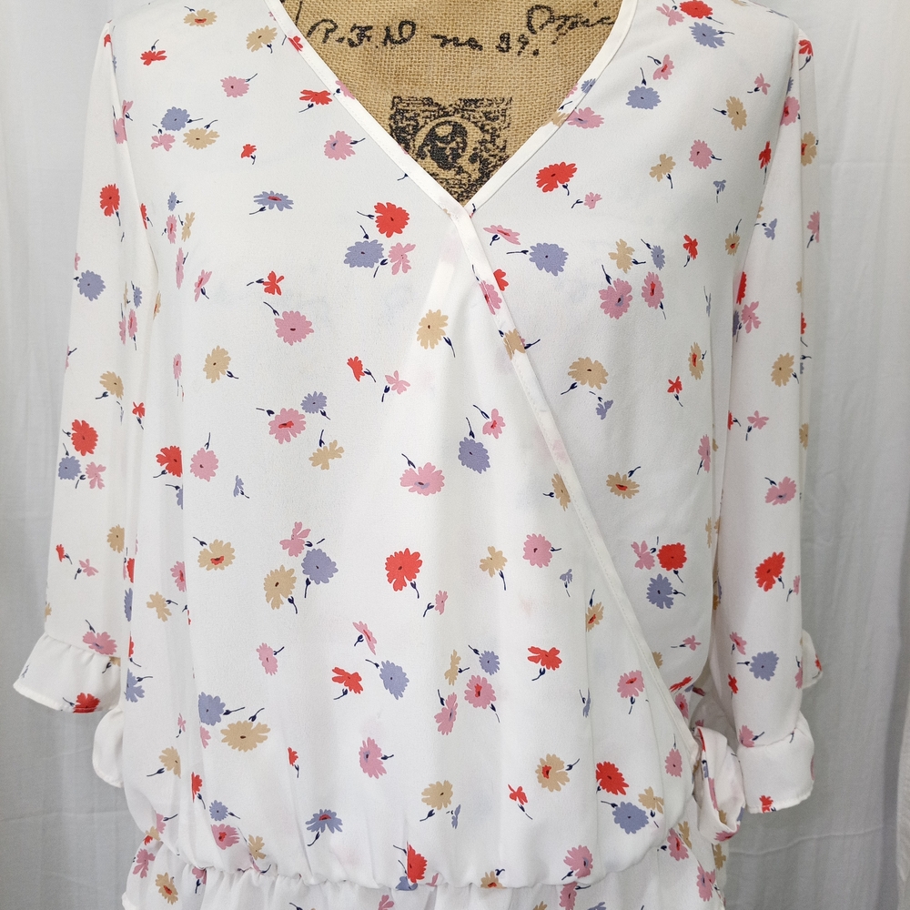 Sienna Sky White Floral Wrap Blouse with Red, Pink, Purple & Tan Blooms